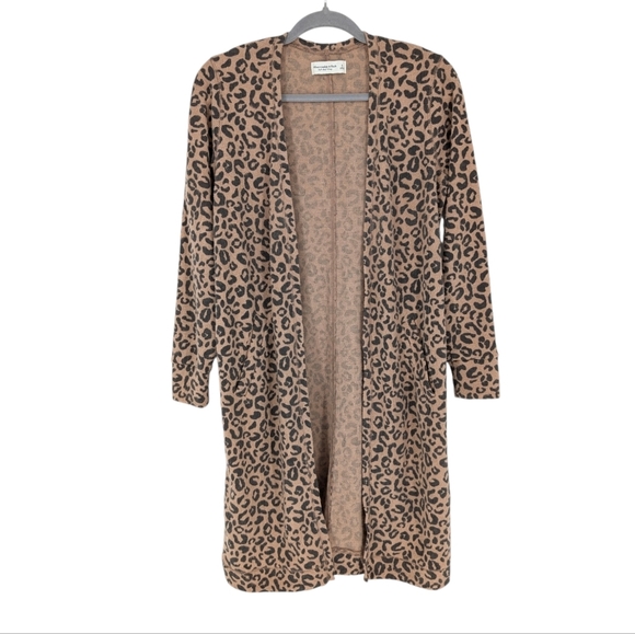 Abercrombie & Fitch Leopard Print Long Ribbed Duster Cardigan Sweater Soft Cozy - Picture 2 of 7